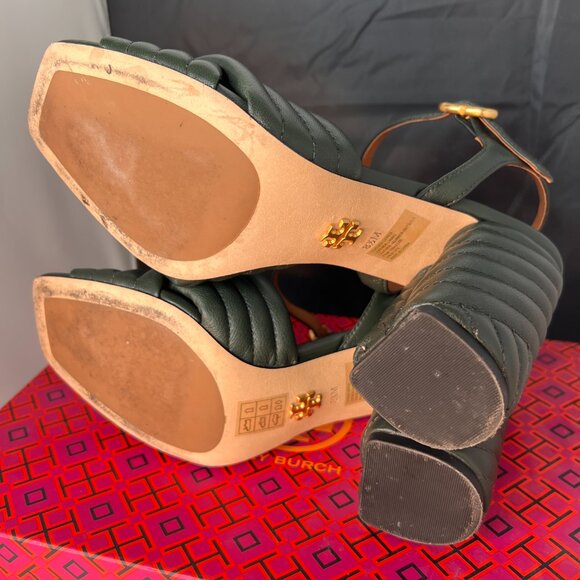 TORY BURCH Kira Quilted Block Heel Dark Seaweed Sandals size 8.5 - Picture 8 of 11